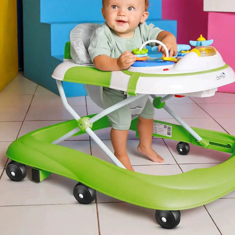Baby in green walker with 4 Pcs Baby Walker Replacement Wheels Set Quiet Wear Resistant Plastic Casters for indoor use