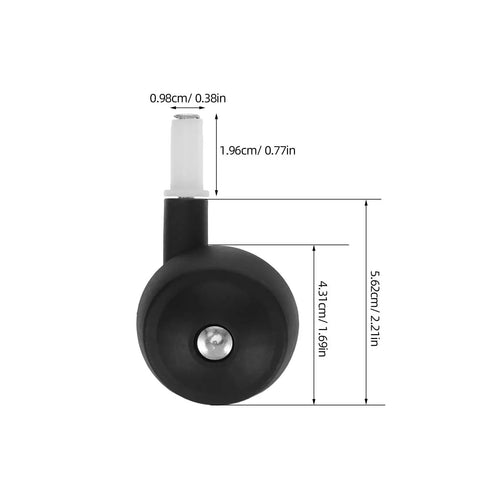 Replacement Baby Walker Wheels Set 4 Plastic Stroller Wheel Casters For Baby Trolley And Furniture Front And Back Fits 0.38 Inch Hole Diameter Tool Free Installation For Quiet Indoor And Outdoor Use, showing one black wheel with dimensions