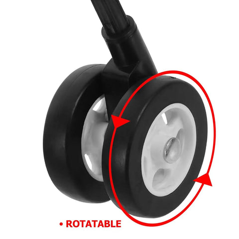 Close-up of 4Pcs Baby Walker Wheels Replacement Set showing rotatable dual plastic casters for strollers, detachable and durable design.
