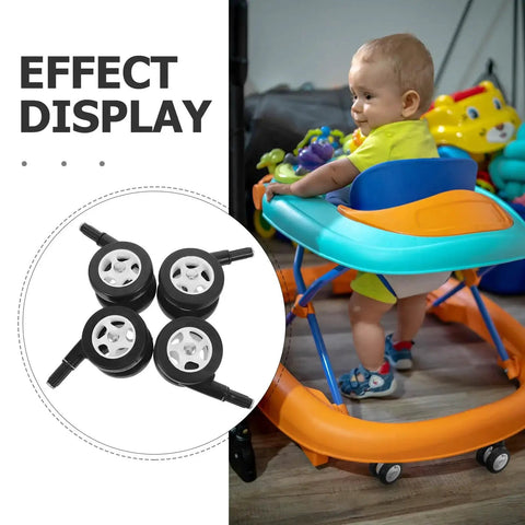 4Pcs Baby Walker Wheels Replacement Set, Universal Removable Plastic Casters For Strollers shown next to baby in walker