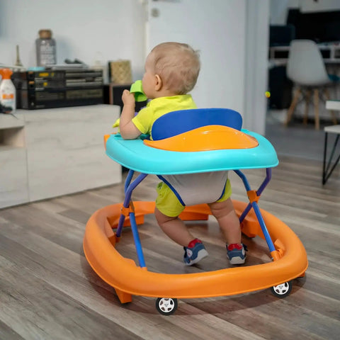 Baby using a walker with 4Pcs Baby Walker Wheels Replacement Set, Universal Removable Plastic Casters For Strollers installed.