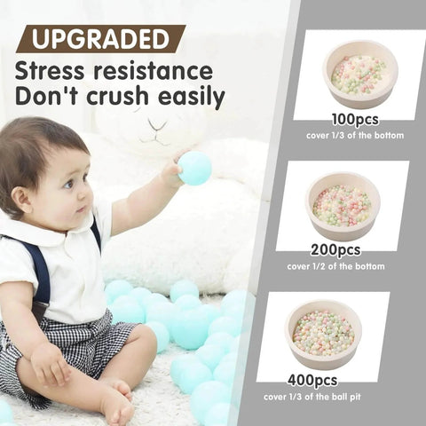 Child playing with Ball Pit Balls 100 PCS in pastel colors with stress resistance feature shown alongside size options and coverage guidance.