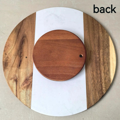 Back view of 13 Inch Marble And Acacia Wood Lazy Susan Rotating Serving Tray showing wooden frame with natural marble top.