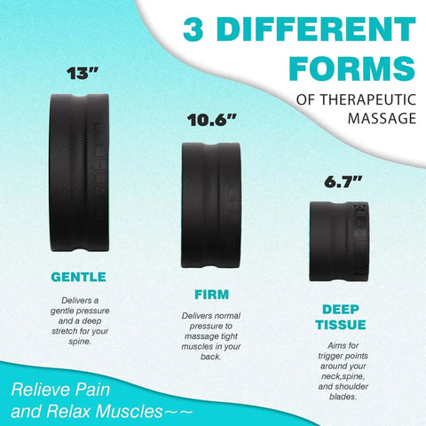 Image showing three back rollers labeled gentle, firm, and deep tissue for Back Roller Wheel Set For Deep Tissue Massage And Back Stretching.