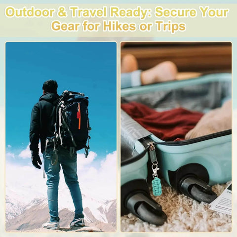 Traveler wearing backpack with paracord zipper pulls; close-up of luggage with Paracord Zipper Pulls 80 Mm For Backpacks And Luggage Polyester Rope