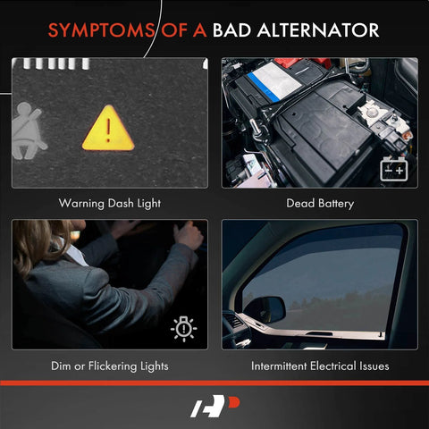 Bad alternator symptoms including warning dash light, dead battery, dim lights, and electrical issues