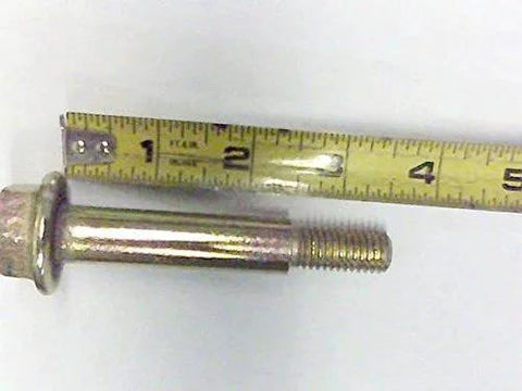 Close-up of 018-0010-00 Deck Wheel Bolt with a measuring tape, showing length and silver finish