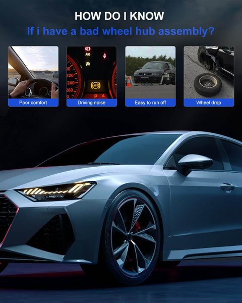 Visual showing car symptoms of bad wheel hub assembly with images of poor comfort, driving noise, easy to run off, wheel drop.