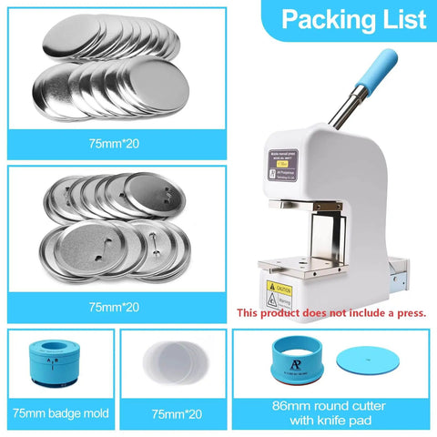 Visual description of the 75mm 3 Inch Badge Maker Kit With 86mm Circle Cutter And Pad, includes tin supplies, no press included.