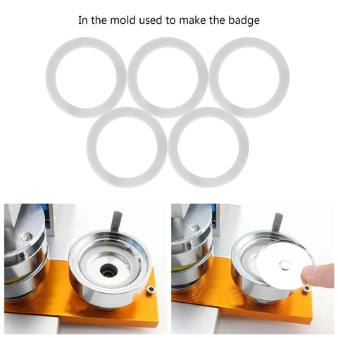 Badge Machine Gasket Set For DIY Badges 32mm 37mm 44mm 58mm R Mold Compatible Pack Of 5 displayed with machine components