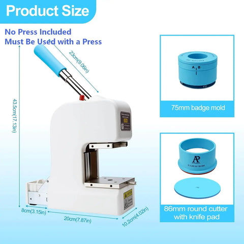 Image showing 75mm 3 Inch Badge Maker Kit with 86mm circle cutter and pad, highlighting badge mold and cutter details. No press included.