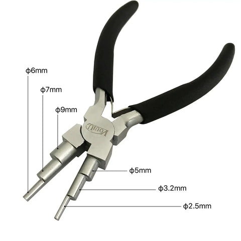 6 step bail making pliers from 10 Piece Jewelry Pliers Set For Beading And Jewelry Projects with measurements and black handles.