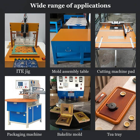 Various applications of Bakelite Phenolic Resin Flat Plate for machining and insulation, including ITE jig, mold table, and tea tray.