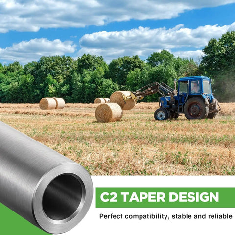 Two Pack Bale Spear Weld On Sleeves, 4.25 Inch Length, 1.96 Inch Outer Diameter, Fits 1.65-1.8 Inch C2 Hay Bale Spears with tractor in field