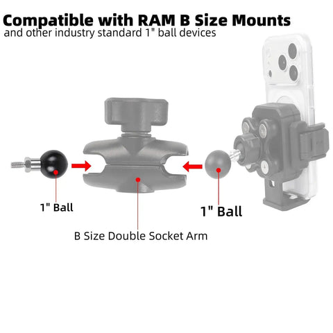 Diagram showing One Inch Ball Adapter With M6 X 1.0mm Threaded Post For RAM Mounts B Size Double Socket Arm and phone mount