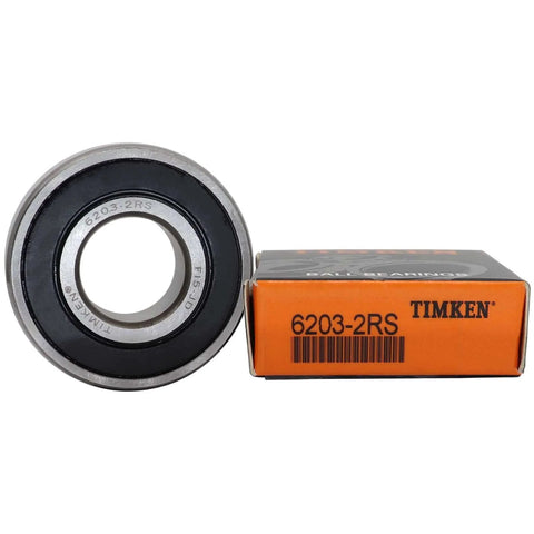 Timken 6203-2RS ball bearing next to its packaging box, illustrating product details and branding.