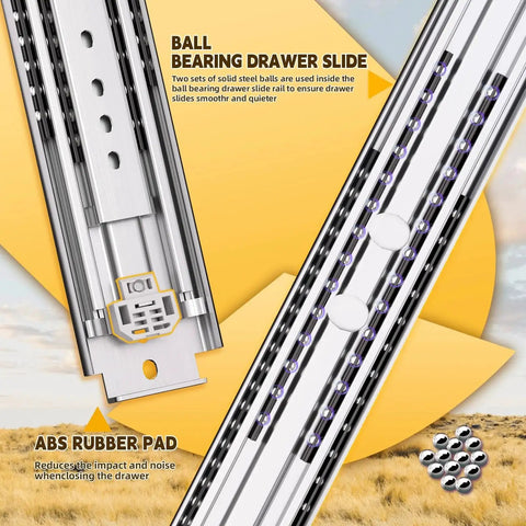 Close-up of Heavy Duty Drawer Slides 500 Lb Capacity Full Extension Ball Bearing Side Mount Rails with ABS rubber pads.