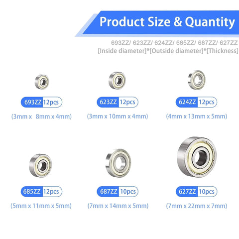 68 PCS 693ZZ/ 623ZZ/ 624ZZ/ 685ZZ/ 687ZZ/ 627ZZ Ball Bearings Assortment Kit sizes and quantity chart