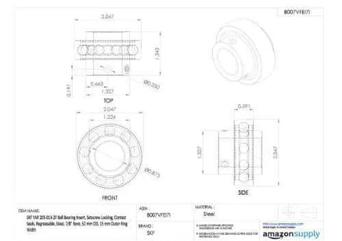 Technical drawing of SKF YAR 208-108-2F Ball Bearing Insert Double Sealed Setscrew Locking Regreasable with dimensions