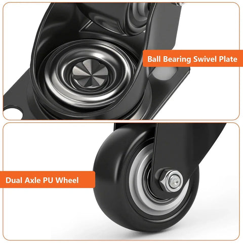 Close-up of Two Inch Swivel Caster Wheels Set Of Four Heavy Duty Black Polyurethane Casters With Top Plate showing ball bearing plate.