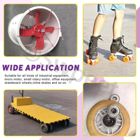 Collage showing uses for 60pcs Ball Bearings Assortment Kit with 693ZZ 623ZZ 624ZZ 685ZZ 687ZZ 627ZZ in fans, skates, carts, and wheels.