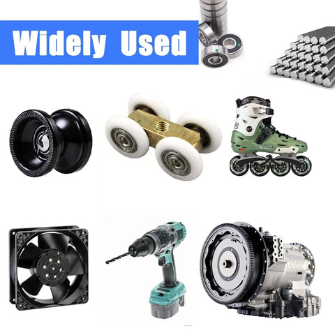 68 PCS 693ZZ/ 623ZZ/ 624ZZ/ 685ZZ/ 687ZZ/ 627ZZ Ball Bearings Assortment Kit shown with drill, fan, and inline skates