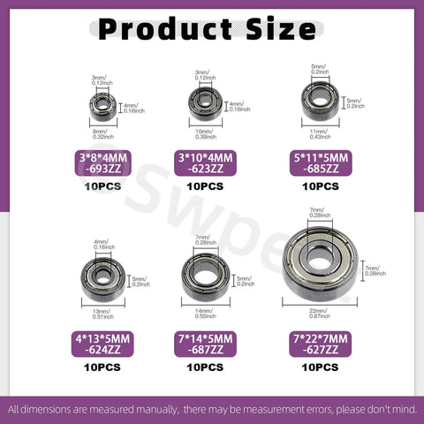 Product size chart for 60pcs Ball Bearings Assortment Kit with 693ZZ 623ZZ 624ZZ 685ZZ 687ZZ 627ZZ, showing dimensions and quantities.