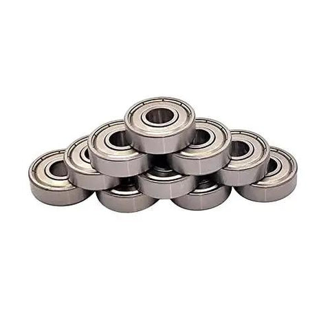 Ten-pack deep groove ball bearings kit stacked, showcasing size and design for small machinery, pre-lubricated with metal shields for durability.