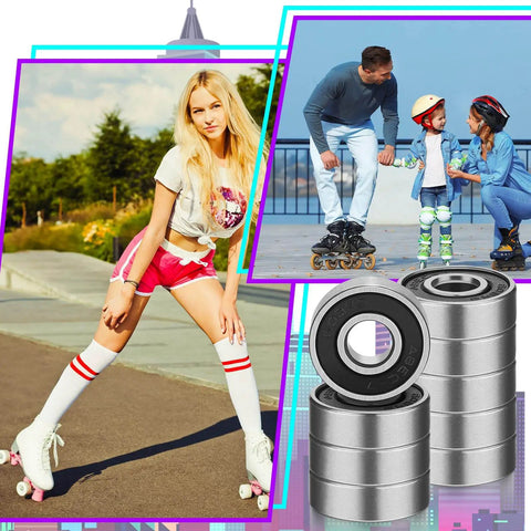 30-Pack 608RS Sealed Ball Bearings for Skateboards, Inline Skates, Scooters and Rollerblades with people skating.