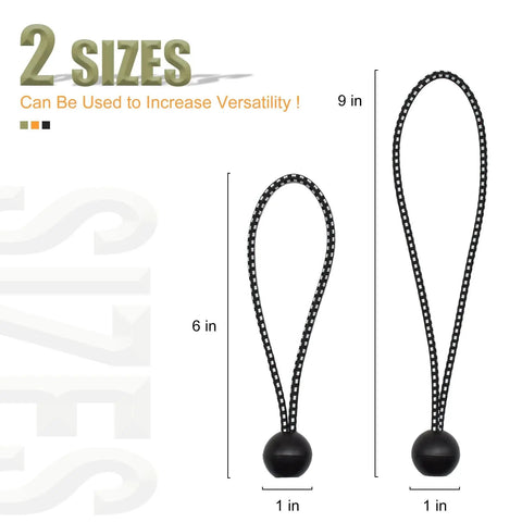 Two sizes of 30 Pack Ball Bungee Cord Set With 6 Inch Elastic Cords And 1 Inch Nylon Balls For Canopy Tarp Tie Downs Heavy Duty Black
