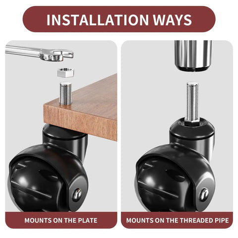 Installation guide for 2 Inch Ball Caster Wheels With Threaded Stem Stem Diameter Three Eighths Inch And Stem Length One Inch Heavy Duty 1200 Lbs Swivel Castors Set Of Four Replacement Wheels For Furniture Cart Chair Cabinets And Coffee Table showing mounting options on plate and threaded pipe.