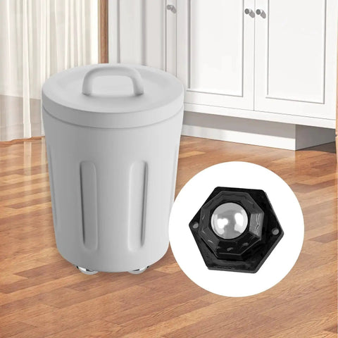 Photo of Four Ball Bearing Rollers With 360 Degree Swivel Universal Ball Casters installed on a trash can, in a kitchen setting.