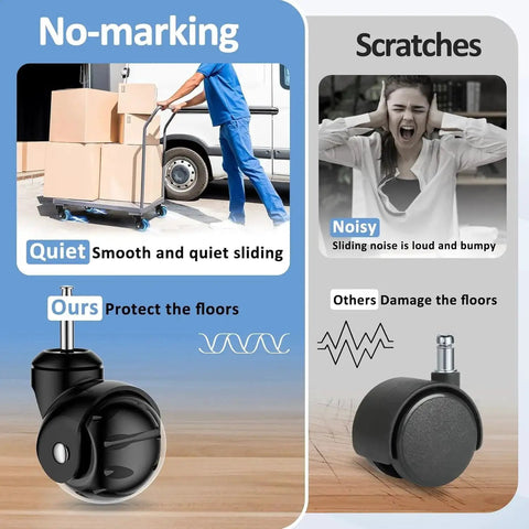 Comparison of heavy-duty 2 inch ball caster wheels and standard wheels, highlighting quiet movement and floor protection.