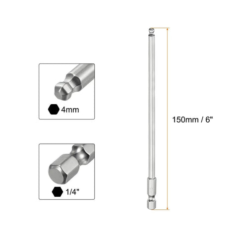 Ball End Hex Screwdriver Bit Set Four Millimeter H4 with One Quarter Inch Hex Shank and Six Inch Long Magnetic Bits for Precision Assembly