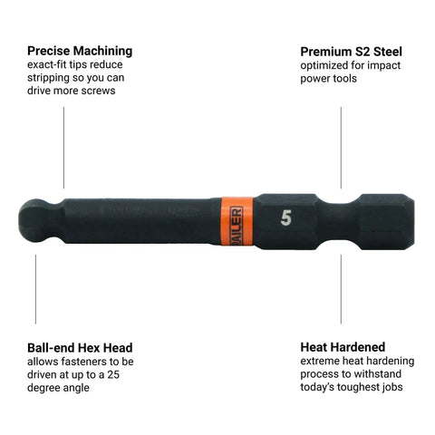 Ball End Hex Bit Set 20 Piece For Impact Drivers 2 Inch With Bit Holder And Carabiner Premium S2 Steel