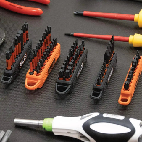 Ball End Hex Bit Set 20 Piece For Impact Drivers with Bit Holder and Carabiner, premium S2 steel, tools displayed on a table