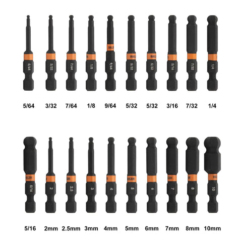 Ball End Hex Bit Set 20 Piece For Impact Drivers 2 Inch With Bit Holder And Carabiner Premium S2 Steel metric sizes displayed