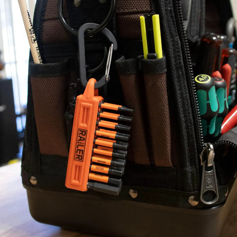 Ball End Hex Bit Set 20 Piece For Impact Drivers attached to tool bag with carabiner