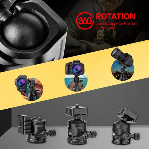 Professional Ball Head Mount With 360 Degree Rotation showing compatibility with cameras, featuring 1/4 and 3/8 inch threads, durable aluminum