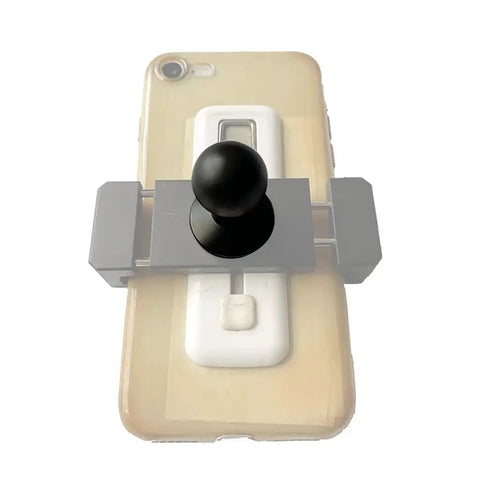 Universal Ball Head Mount Adapter attached to a smartphone holder, viewed from above, showing 1/4 screw and ball joint design.