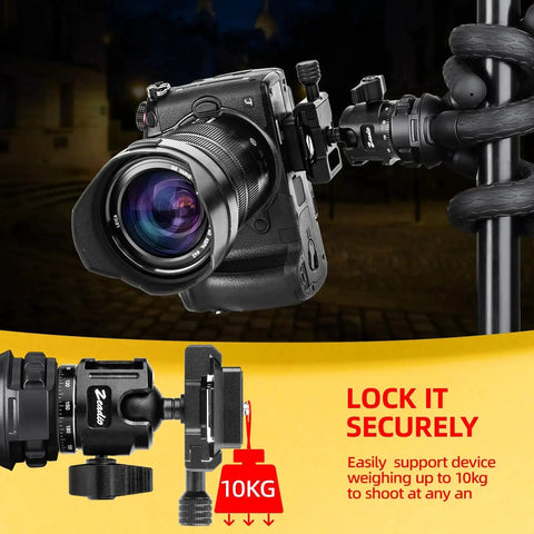 Universal Ball Head Mount With Arca Swiss Plate for DSLRs securely holding camera on tripod with 10 kg load shown in night setup