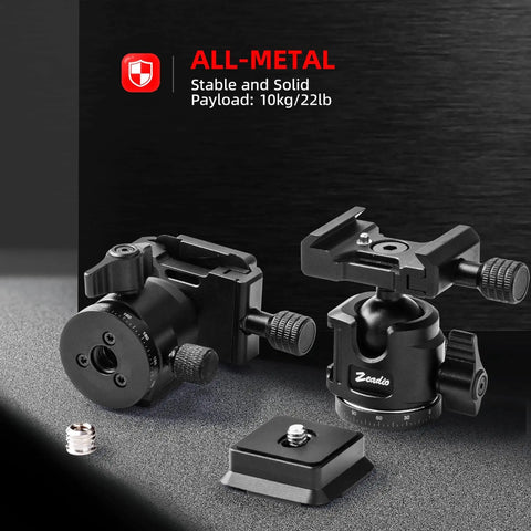 Universal Ball Head Mount With Arca Swiss Plate for DSLRs and Action Cameras, 10kg load, panoramic head, all-metal construction