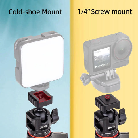 Professional Ball Head Mount With 360 Degree Rotation One Quarter Inch And Three Eighths Inch Thread showing cold-shoe and 1/4 inch mounts
