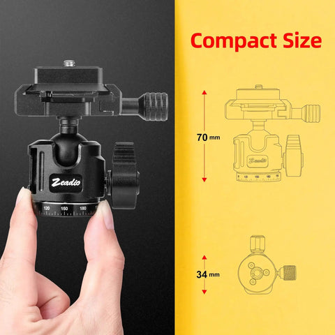 Universal Ball Head Mount With Arca Swiss Plate for DSLRs, 10kg load. Compact size shown in hand, 70mm height, 34mm base diameter.