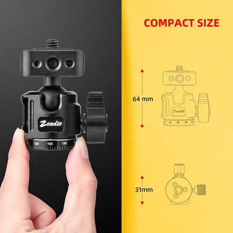 Hand holding Professional Ball Head Mount With 360 Degree Rotation One Quarter Inch And Three Eighths Inch Thread, showing compact size.