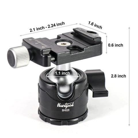 Ball Head Mount for Rifle Tripods and Shooting Sticks with Arca Swiss Plate, showing dimensions and adjustment knobs.