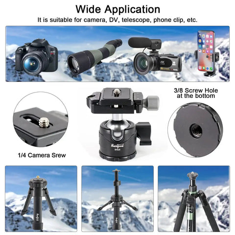 Ball Head Mount for Rifle Tripods and Shooting Sticks with Arca Swiss Plate, 1/4 Inch Screw, 3/8 Inch Thread, wide application shown