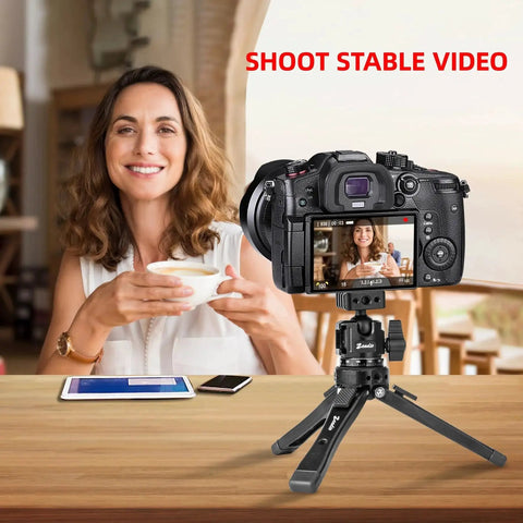 Side view of Professional Ball Head Mount With 360 Degree Rotation supporting a DSLR camera, capturing a woman enjoying coffee.