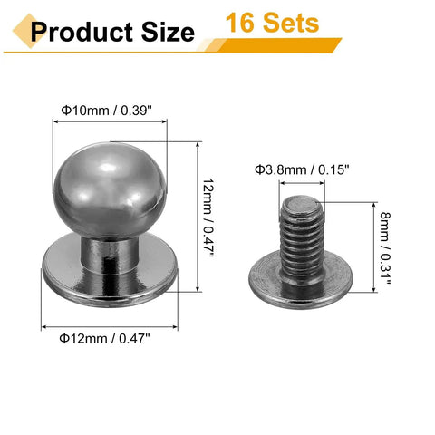 16Pcs Ball Head Button Stud Rivets With Screw Back For Leather Crafts 12x10x12mm Button Studs And 8x3.8mm Screws