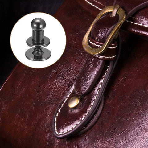 4mm Ball Head Stud Rivets Set With Screw Back 50 Pack shown with leather handbag, metallic black zinc alloy, suitable for belts and accessories